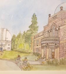 A landscape drawing of two buildings surrounded by trees