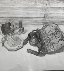 A black and white sketch of a beauty set and purse