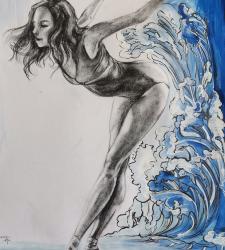 A black-and-white ballerina with a bright-blue wave in the background