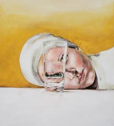 A painting of a person's head laying on a table and looking through a glass of water