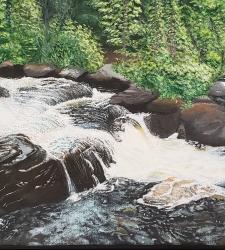 A landscape painting of a small waterfall and rocks