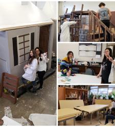 A collage of students working on a set for a play