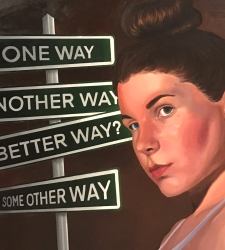 A painting of a person in front of a street sign questioning what the best way to take is