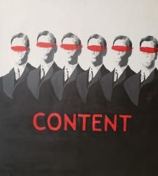 A painting of a collection of blank-faced people in suits with a red line across their eyes