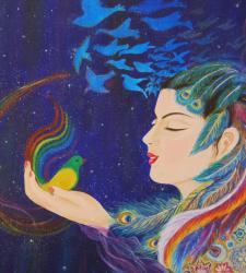 A brightly-coloured painting of a person holding a bird