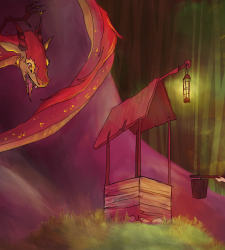 A drawing of a person and a dragon looking at each other