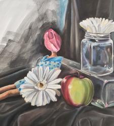 A painting of an apple and flowers on a black background