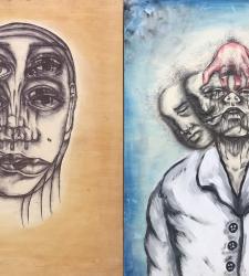 Two paintings of multiple faces phasing together